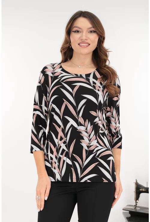 Bluza neagra din vascoza cu imprimeu floral roz-alb