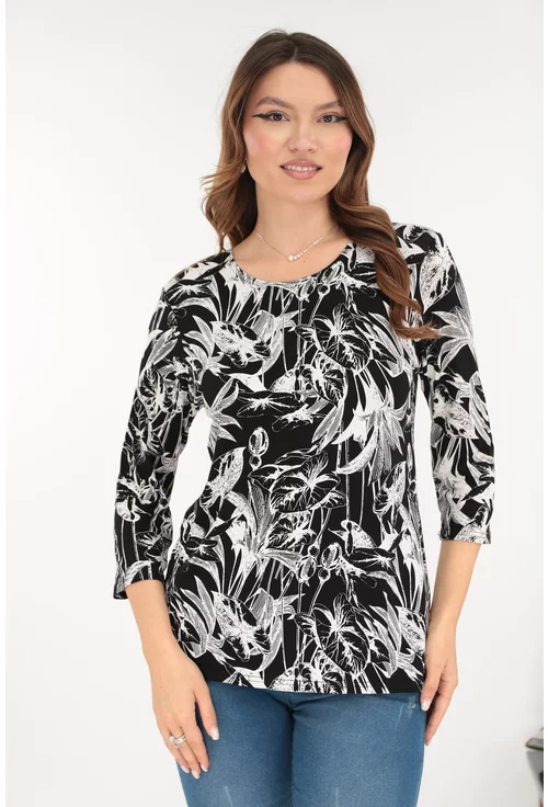 Bluza neagra din vascoza cu print floral alb