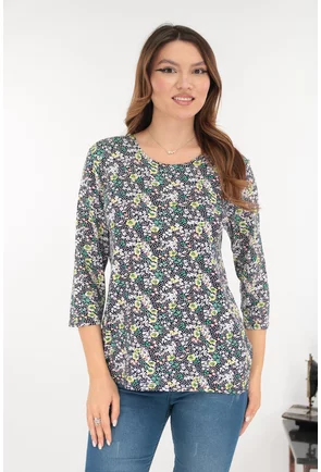 Bluza neagra din vascoza cu print floral galben-verde
