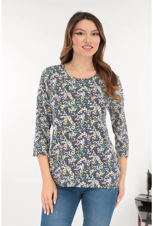 Bluza neagra din vascoza cu print floral galben-verde
