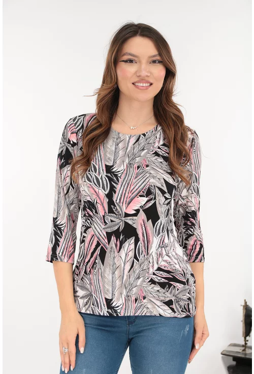 Bluza neagra din vascoza cu print floral gri-corai