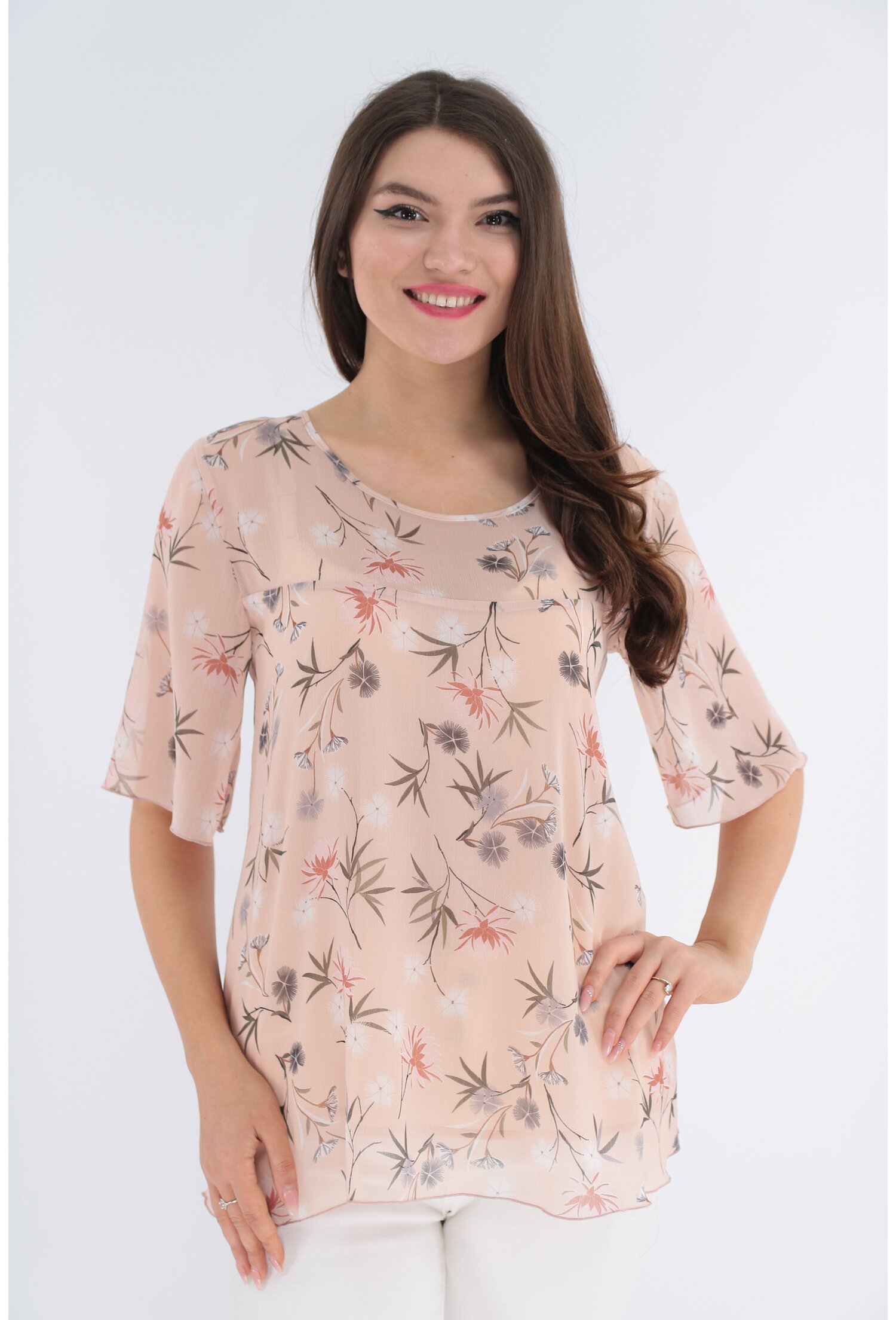 Bluza roz pudra din voal cu print floral gri