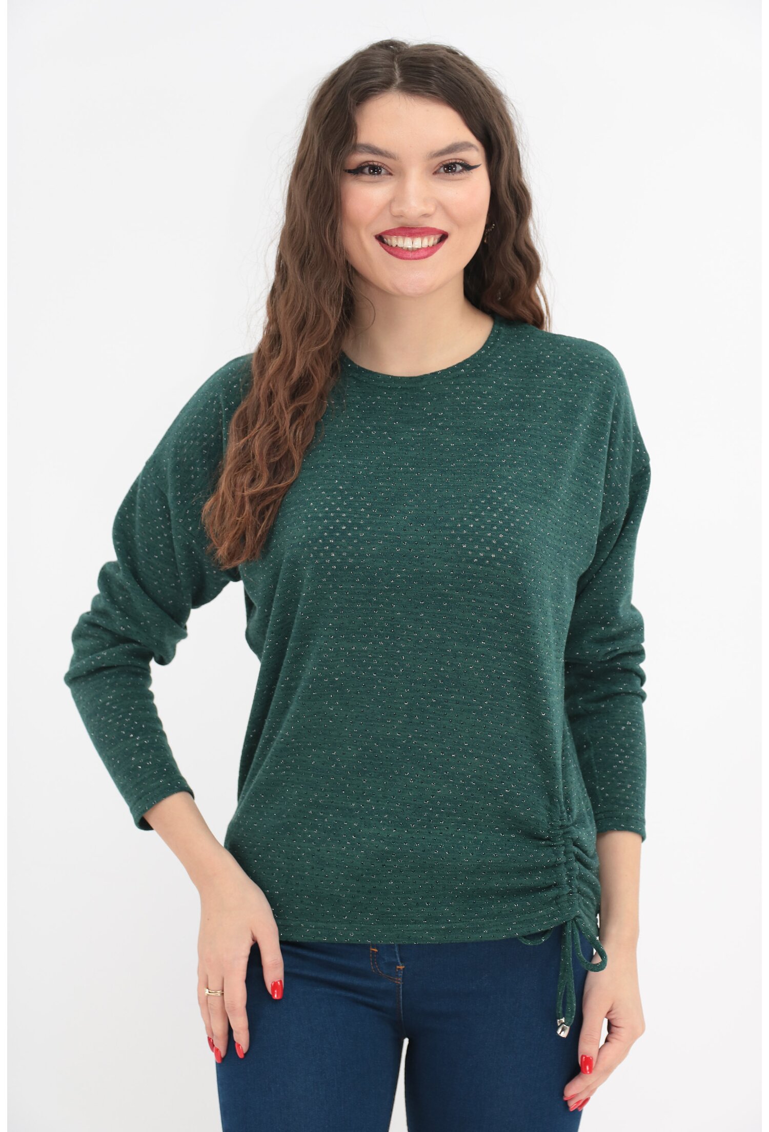 Bluza tricotata verde cu fir metalic argintiu