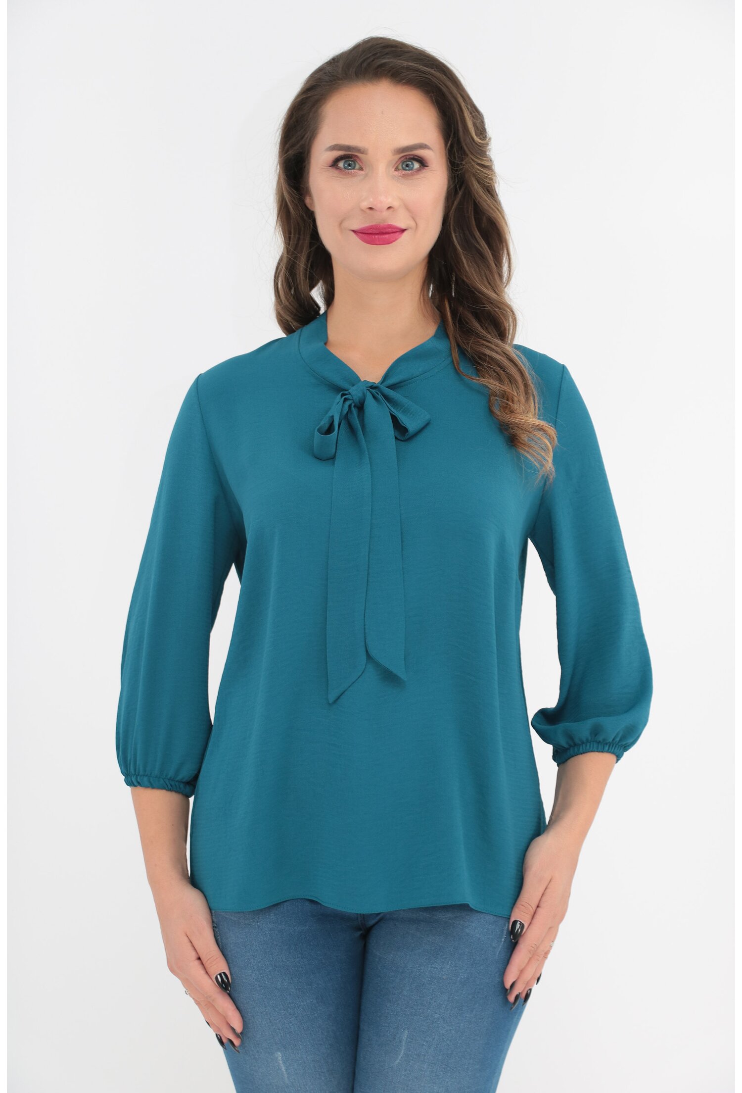 Bluza turcoaz cu fundita si maneci 3/4