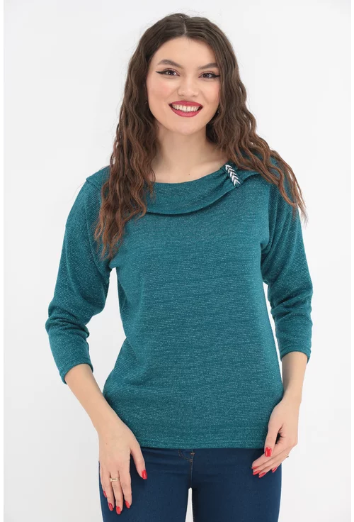 Bluza turcoaz tricotata cu fir metalic