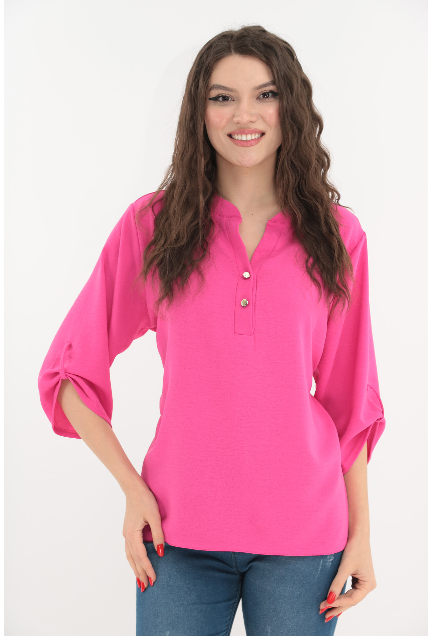 Bluza uni fucsia cu guler tunica si nasturi argintii
