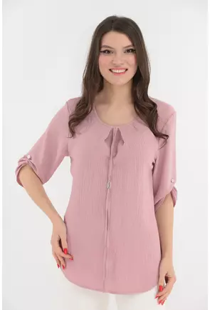 Bluza uni roz cu pliuri si accesoriu argintiu