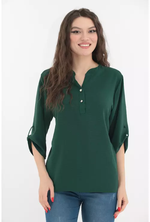 Bluza uni verde cu guler tunica si nasturi argintii