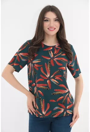 Bluza verde cu imprimeu abstract caramiziu
