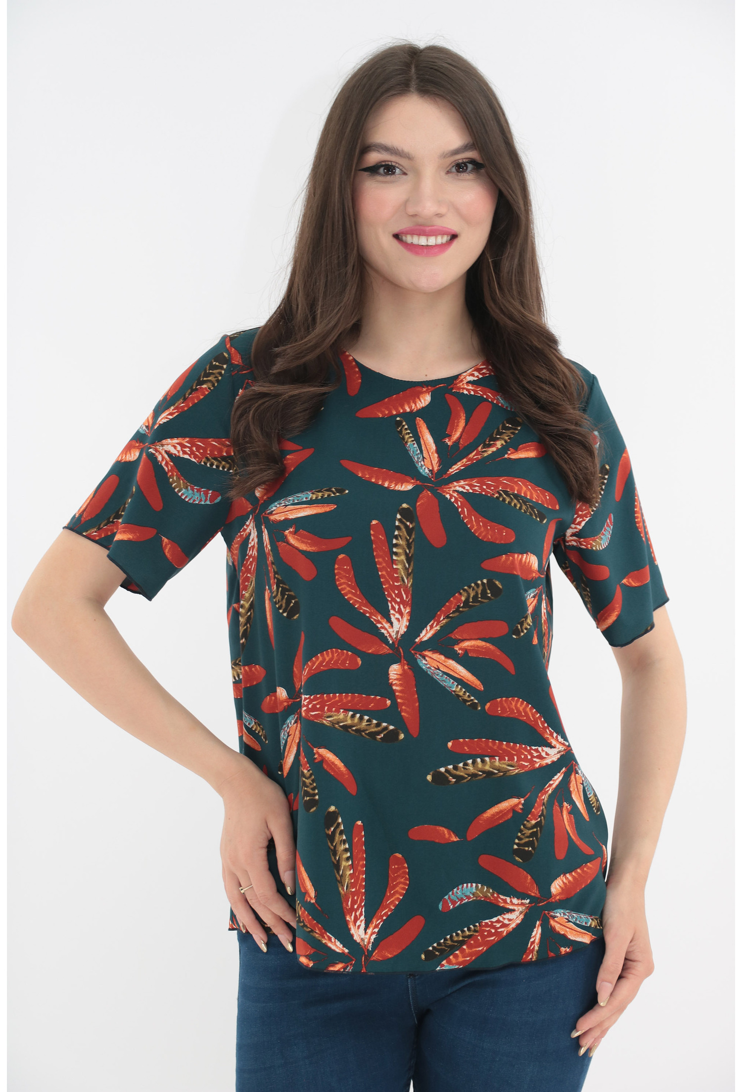 Bluza verde cu imprimeu abstract caramiziu