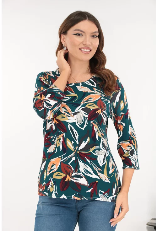 Bluza verde din vascoza cu imprimeu floral bordo-orange