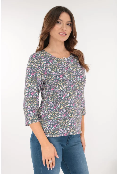 Bluza verde din vascoza cu print floral roz-galben