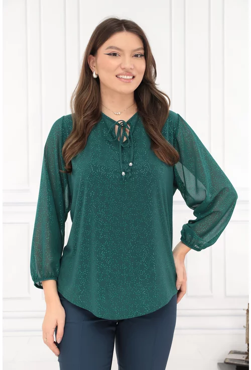 Bluza verde smarald cu glitter discret si fundita decorativa