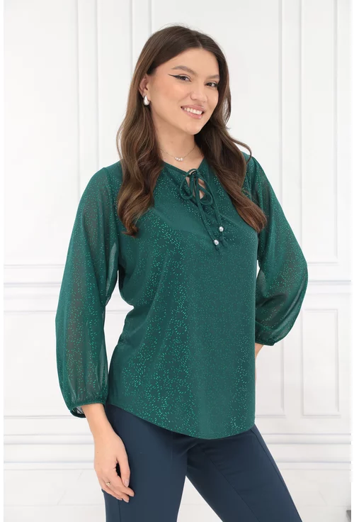 Bluza verde smarald cu glitter discret si fundita decorativa