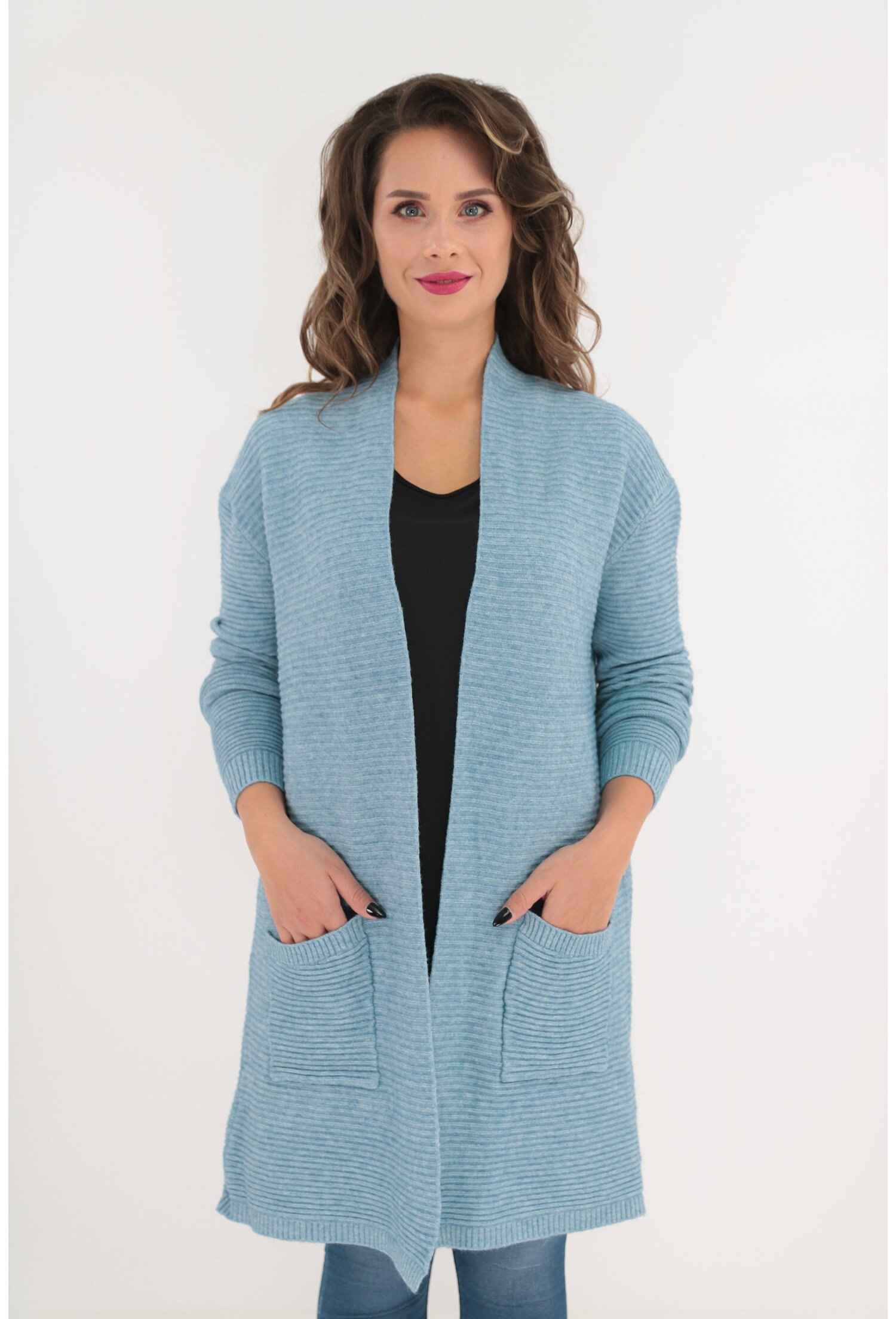 Cardigan bleu tricotat cu buzunare aplicate