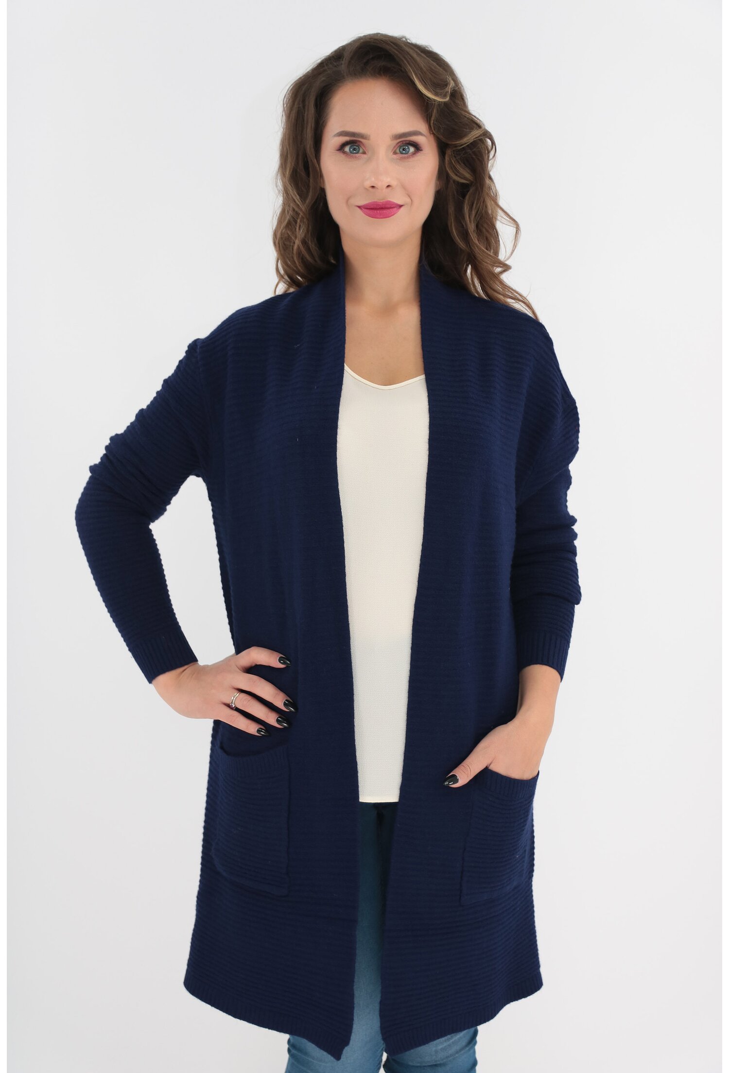 Cardigan bleumarin tricotat cu buzunare aplicate