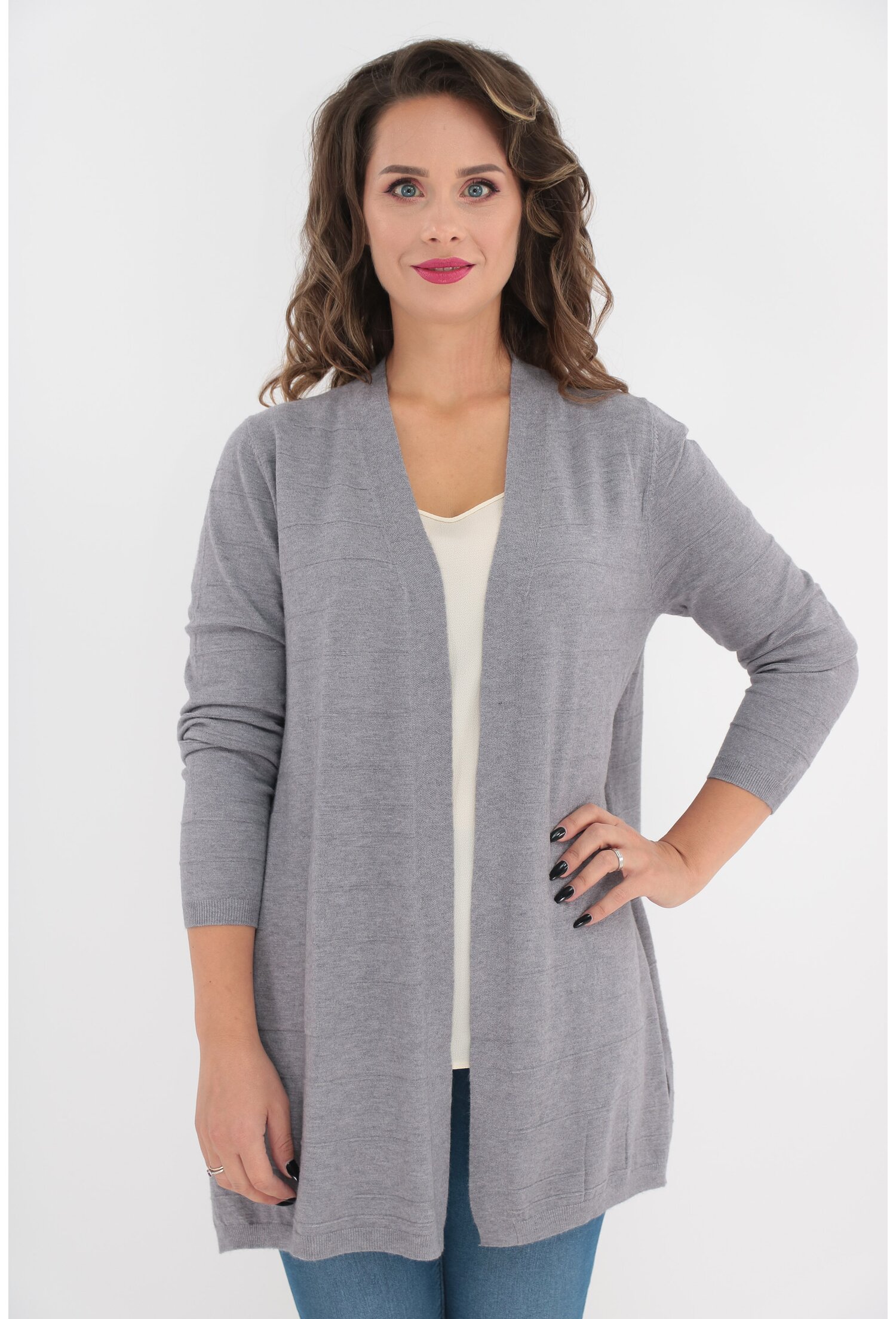 Cardigan gri cu buzunare ascunse si model discret 3d