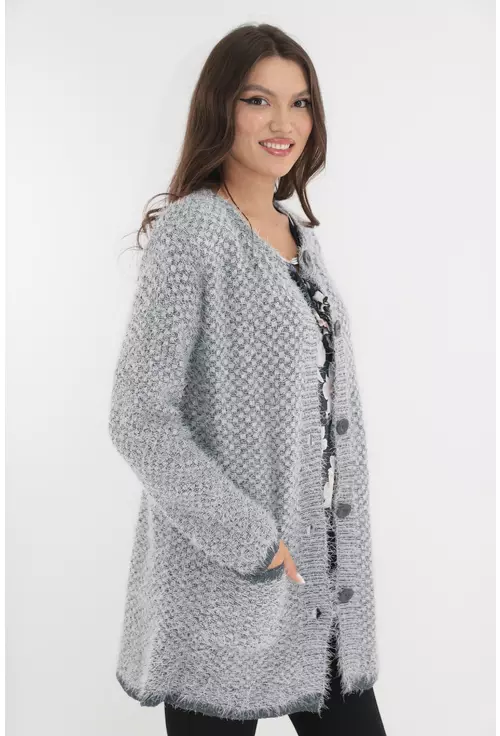 Cardigan gros alb-gri cu nasturi