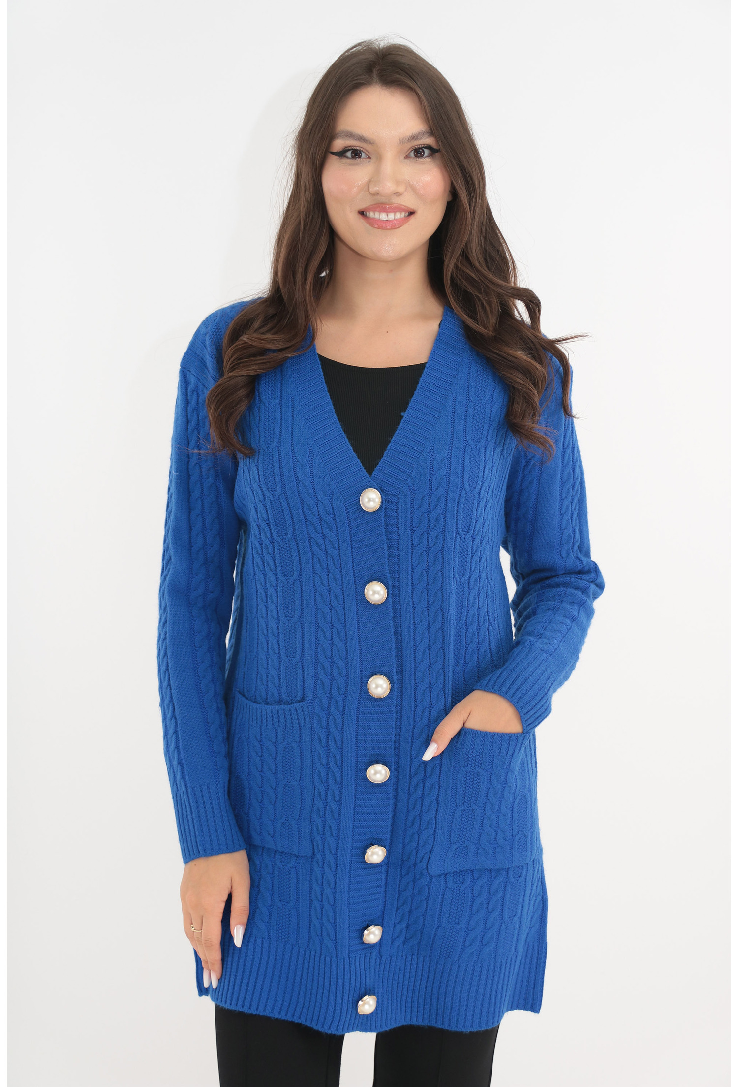 Cardigan gros albastru cu nasturi tip perla