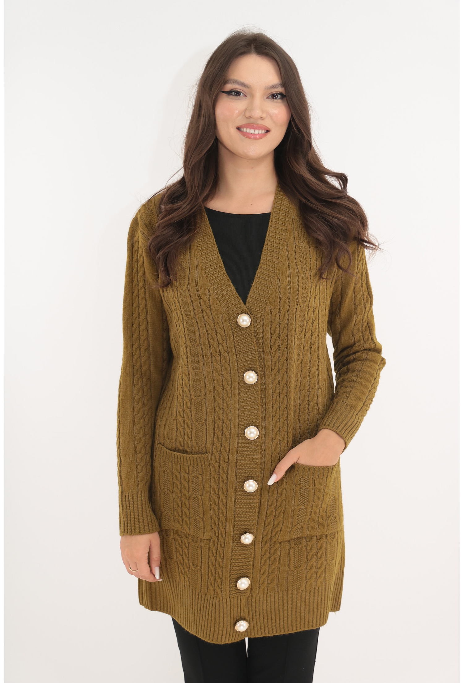 Cardigan gros olive cu nasturi tip perla