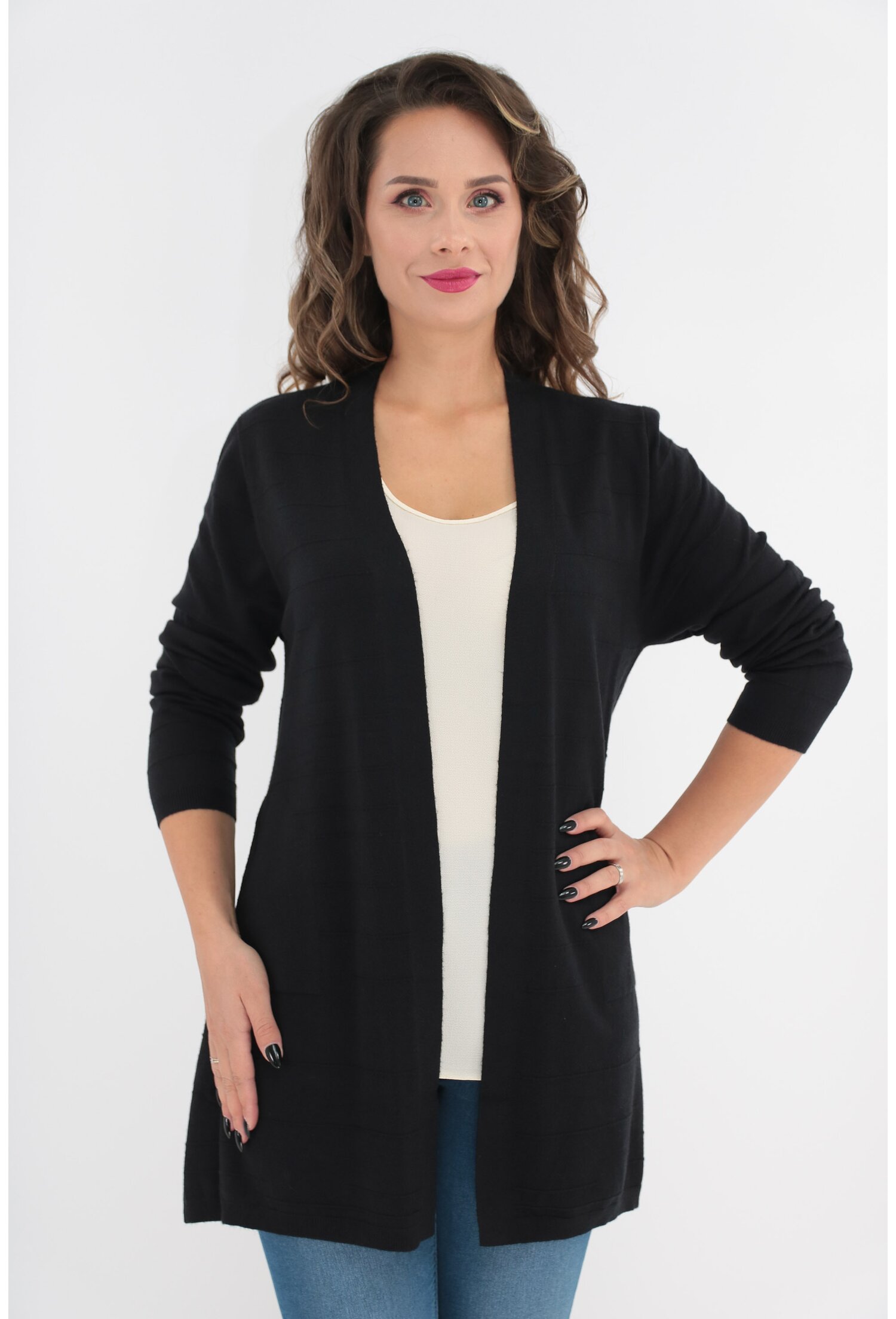Cardigan negru cu buzunare ascunse si model discret 3d