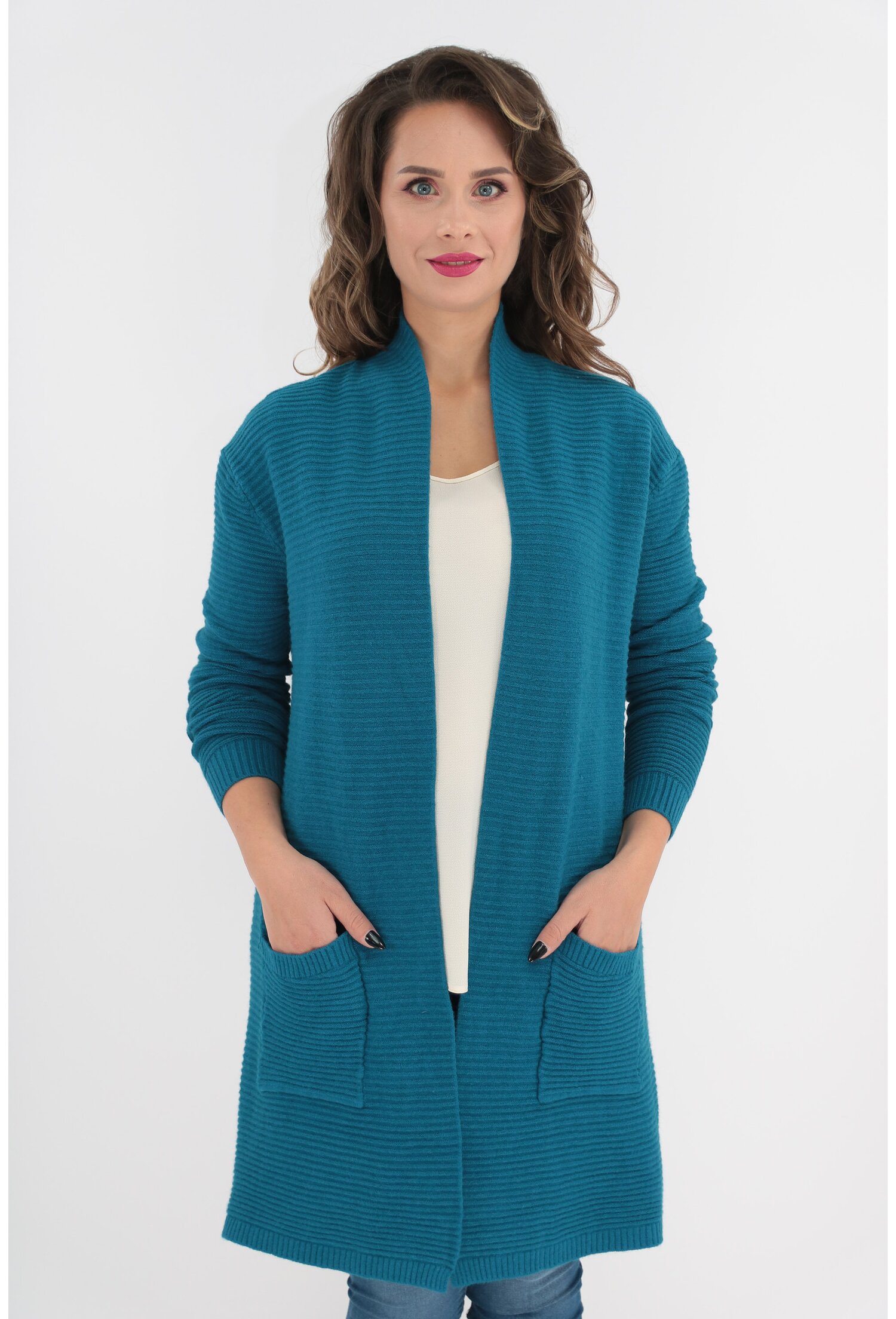 Cardigan turcoaz tricotat cu buzunare aplicate