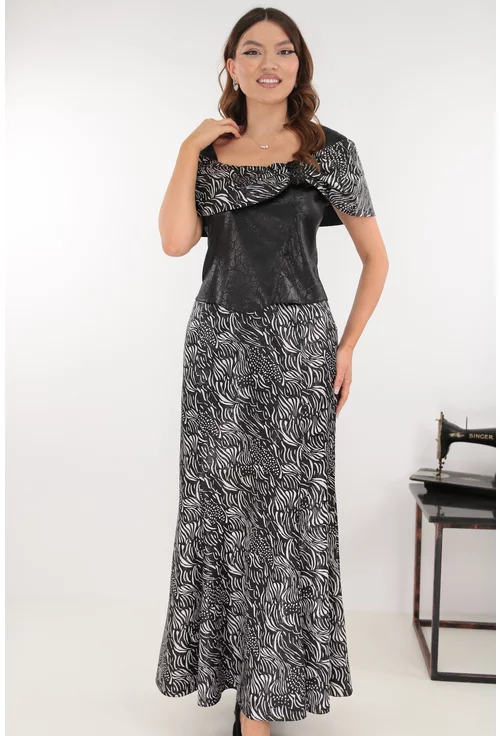 Compleu elegant - bluza si fusta neagra cu imprimeu alb