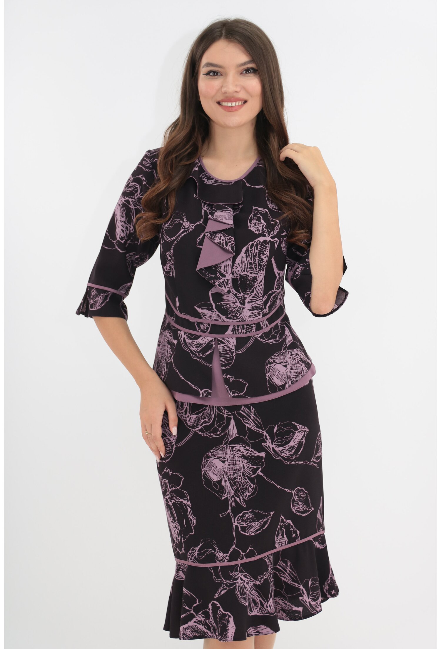Compleu violet cu print floral format din bluza si fusta