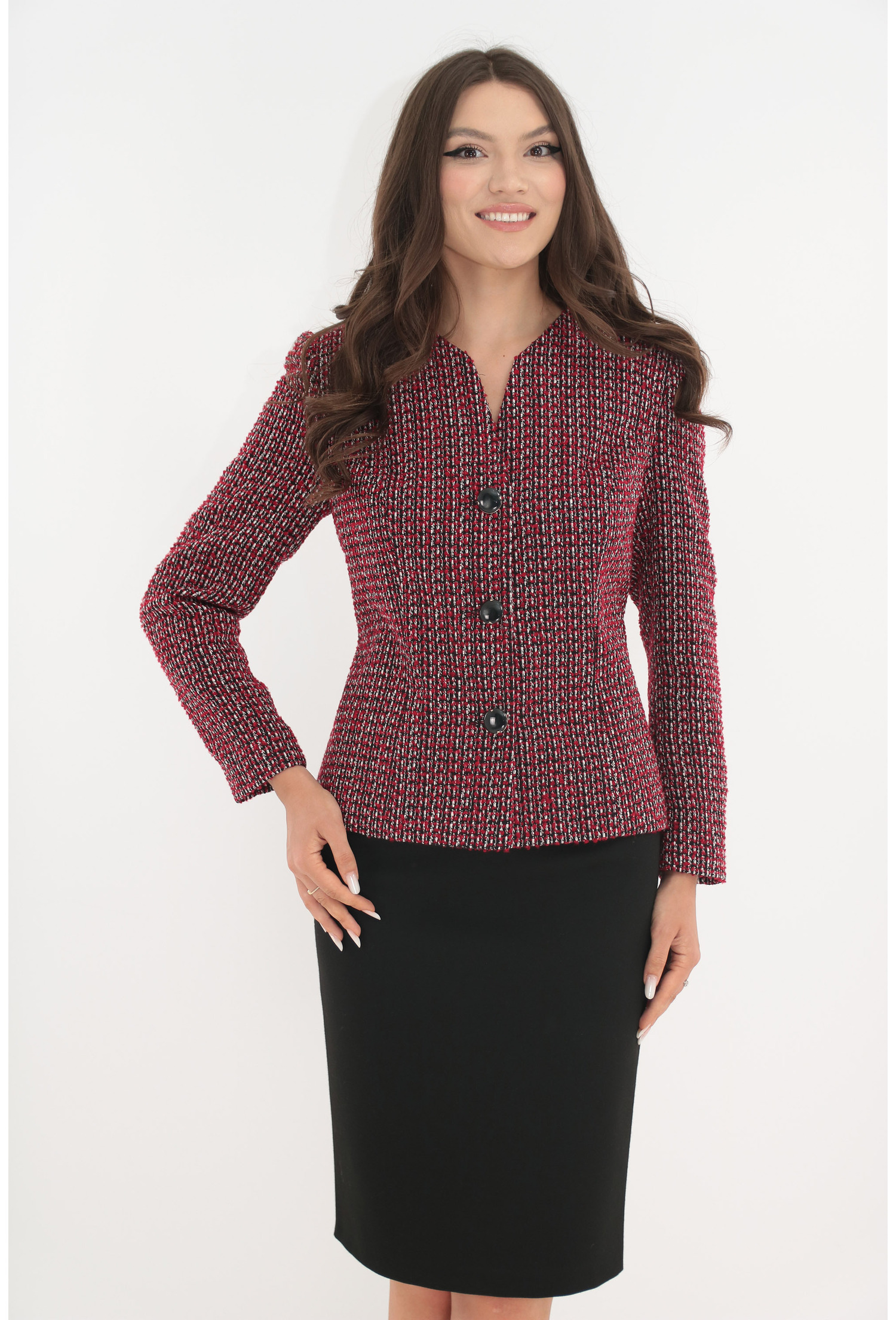 Costum - sacou din stofa bucle rosie si fusta din stofa neagra