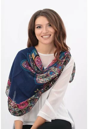 Esarfa fina bleumarin cu chenar floral