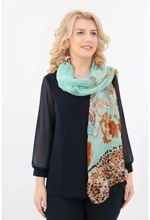 Esarfa fina vernil cu print floral bordurat