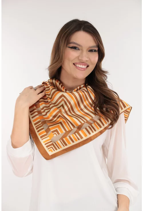 Esarfa patrata din matase satinata cu print cu dungi bej-orange