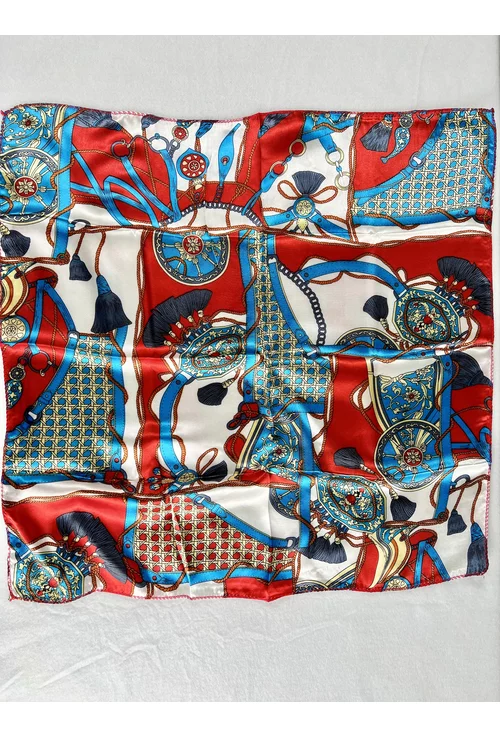 Esarfa patrata satinata cu print abstract rosu-albastru