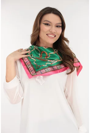 Esarfa patrata satinata cu print abstract roz-verde