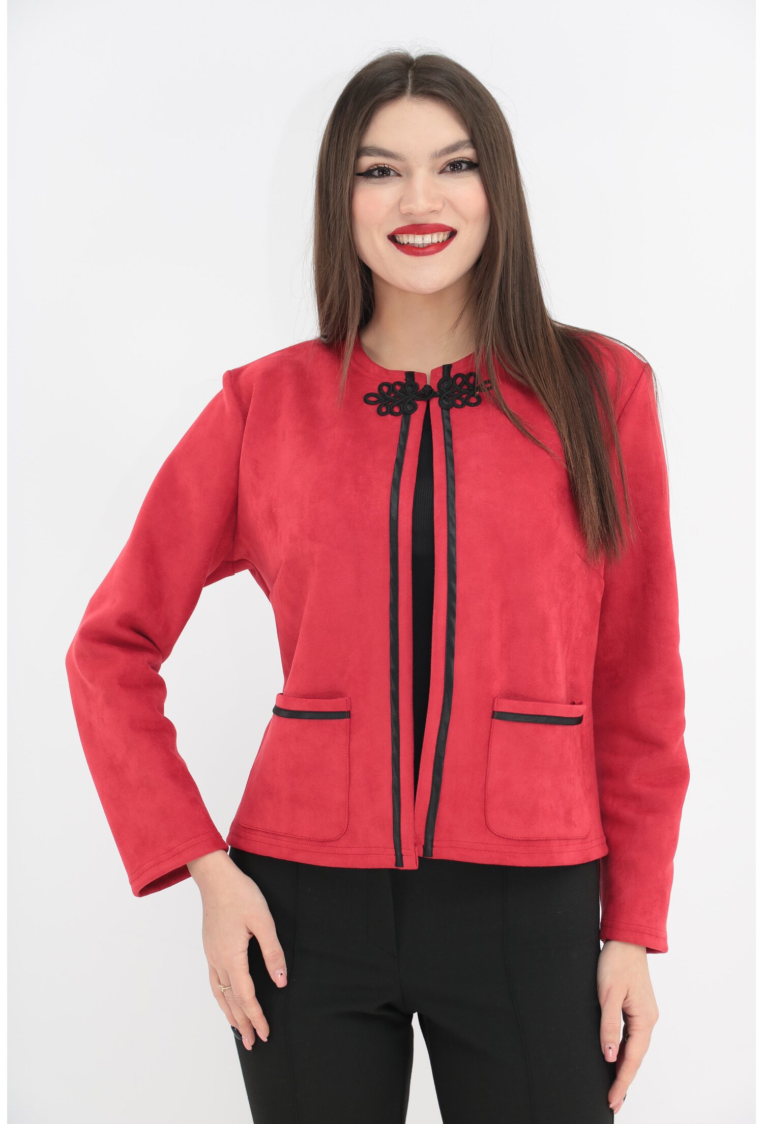 Jacheta rosie cu aspect de piele intoarsa