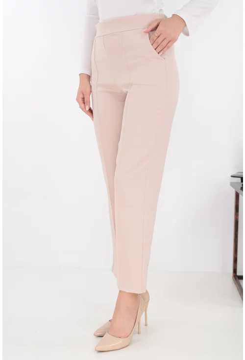 Pantaloni office bej din stofa elastica