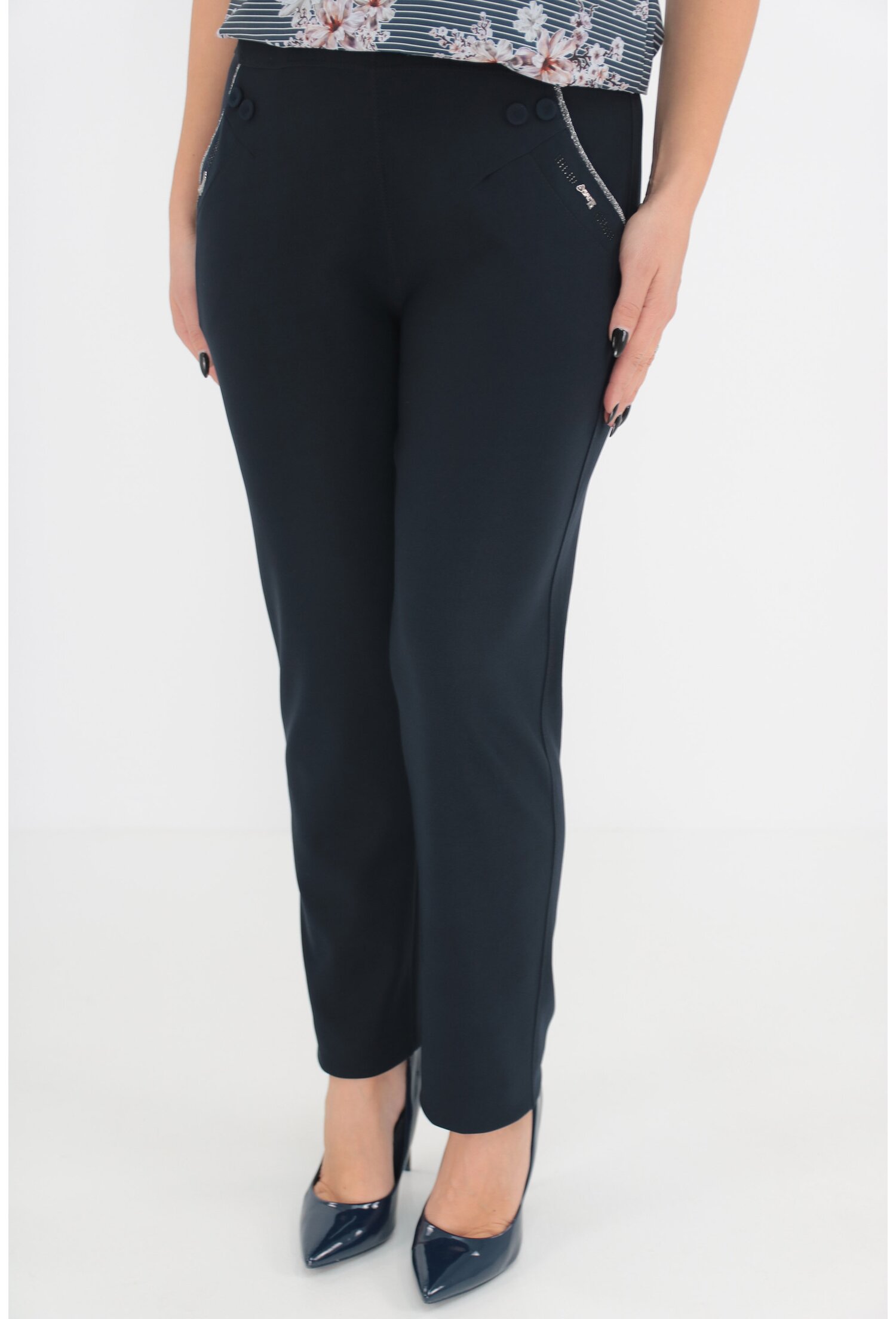 Pantaloni uni bleumarin cu glitter la buzunare