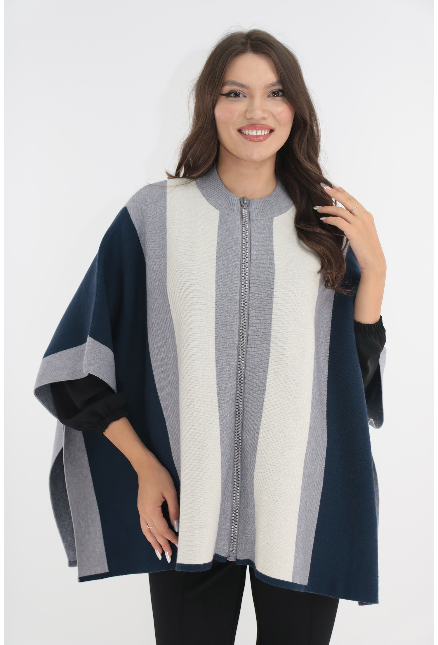 Poncho elegant bleumarin-gri cu dungi