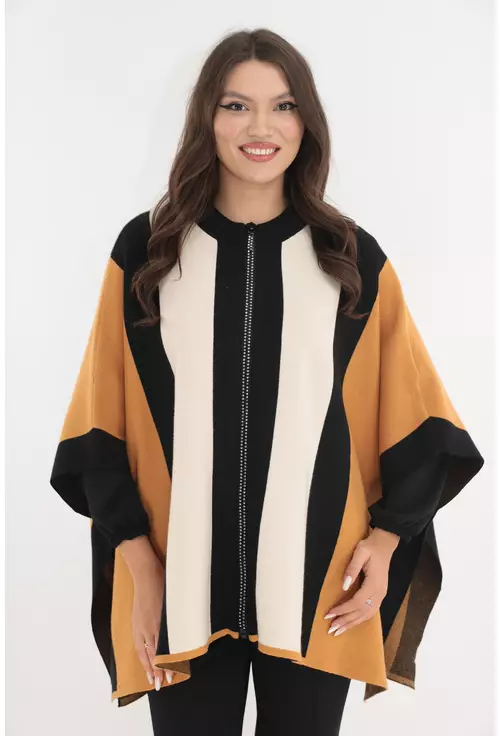 Poncho elegant negru-camel cu continut de casmir