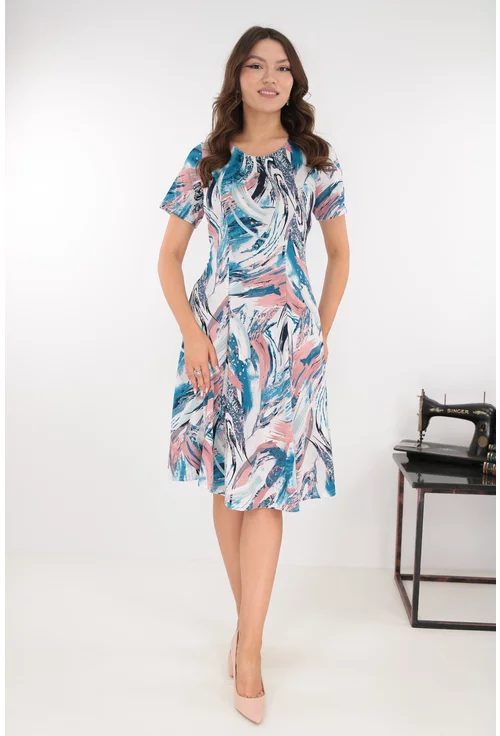 Rochie alba in clini cu print abstract albastru-cafeniu