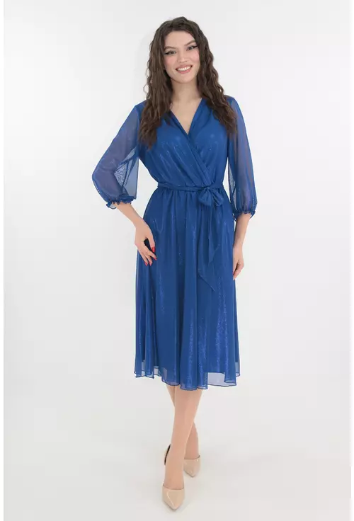 Rochie albastra de ocazie din tull cu fir stralucitor