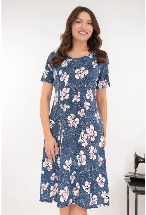 Rochie albastra in clini cu flori albe