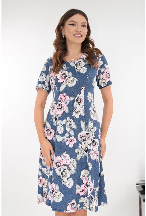 Rochie albastra in clini cu flori maxi gri