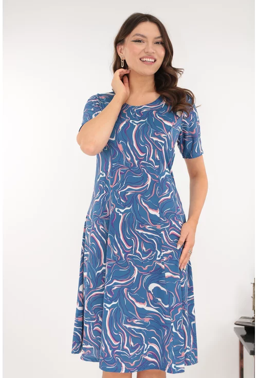 Rochie albastra in clini cu print abstract alb-mov