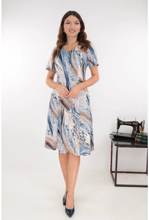 Rochie albastra in clini cu print abstract bej