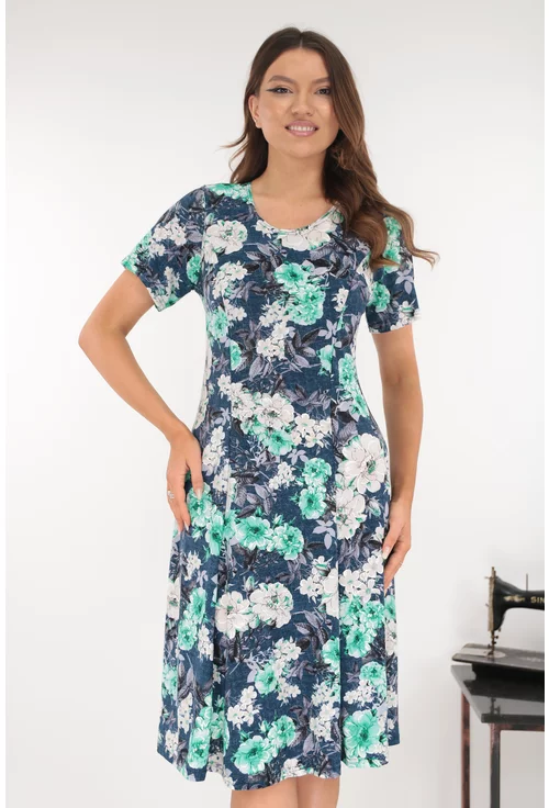 Rochie albastra in clini cu print floral vernil-gri