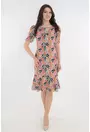 Rochie bej cu print abstract multicolor cu maneci bufante si volanas la tiv
