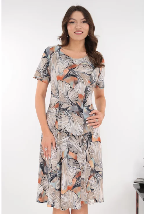 Rochie bej in clini cu print abstract caramiziu