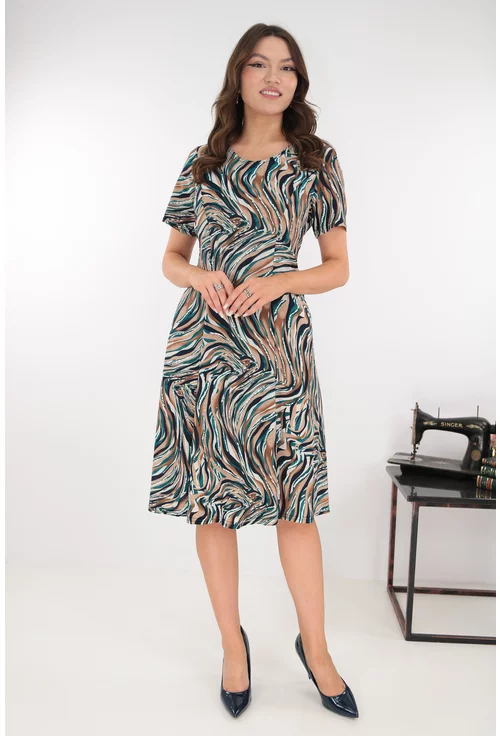 Rochie bej in clini cu print abstract verde-negru