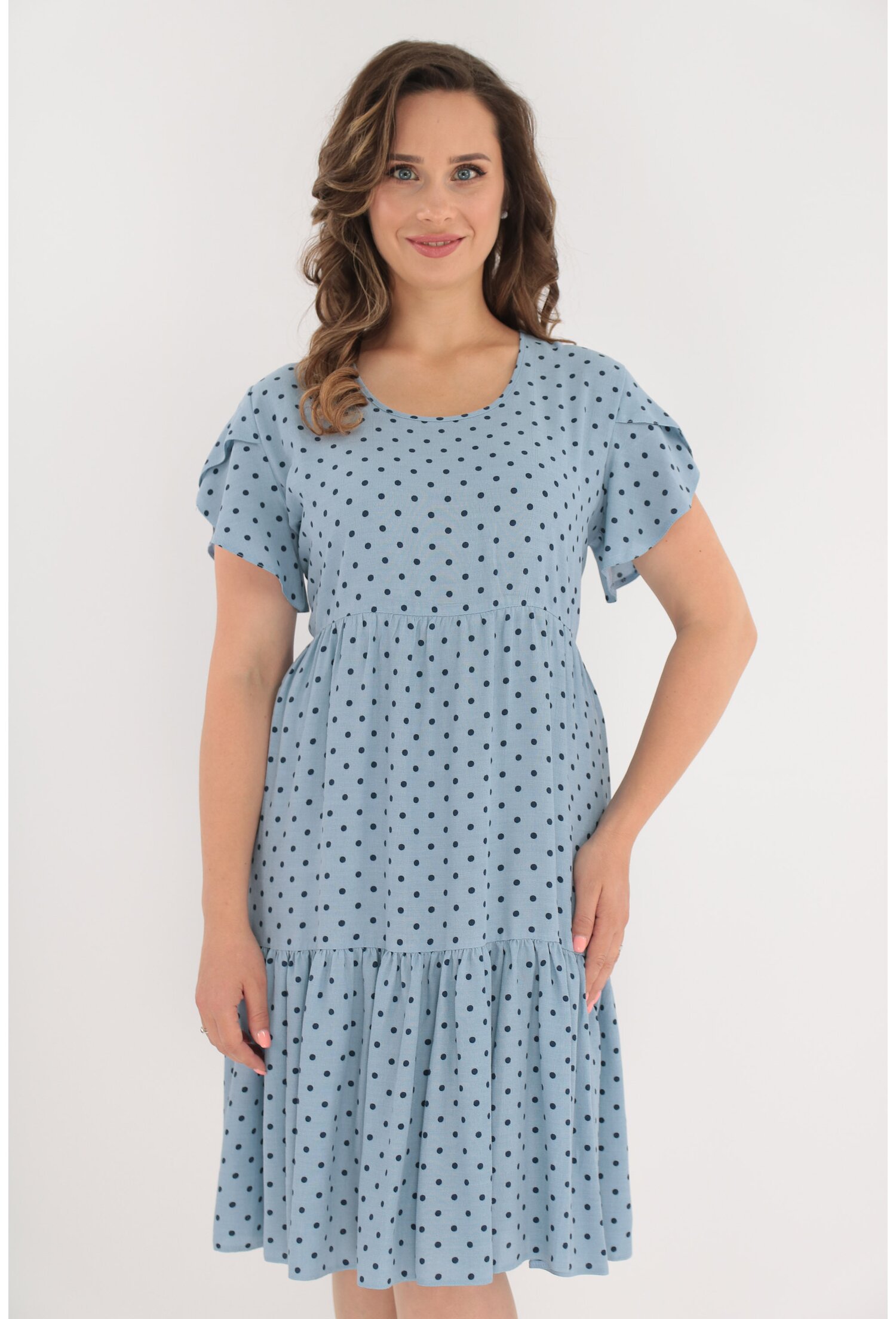 Rochie bleu din vascoza cu buline bleumarin